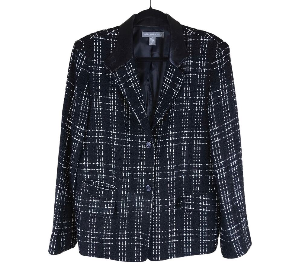 Vintage 90s Josephine Chaus Blazer Women’s 14 Black White Plaid Wool Office